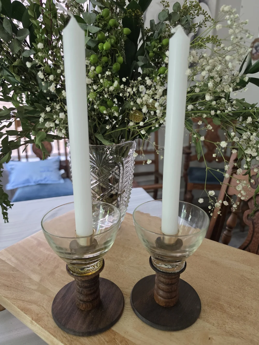 VNTG Swedish MCM candlestick holders Turned wood Glass bobeches Brass inserts